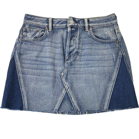 Pacsun Jean Skirt Cutoff Light Dark Wash Denim Blue Fringe Southwestern Rodeo 26 - Picture 1 of 5